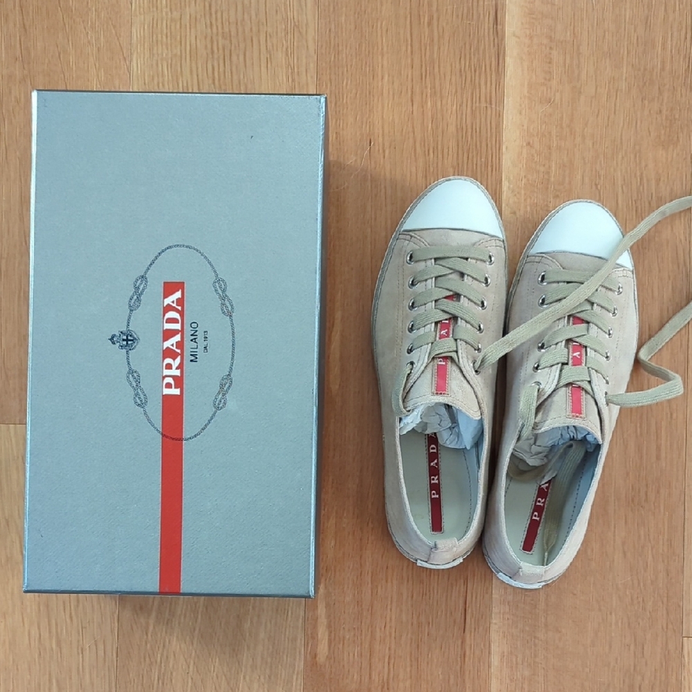 Prada Taupe and Red Casual Sneakers